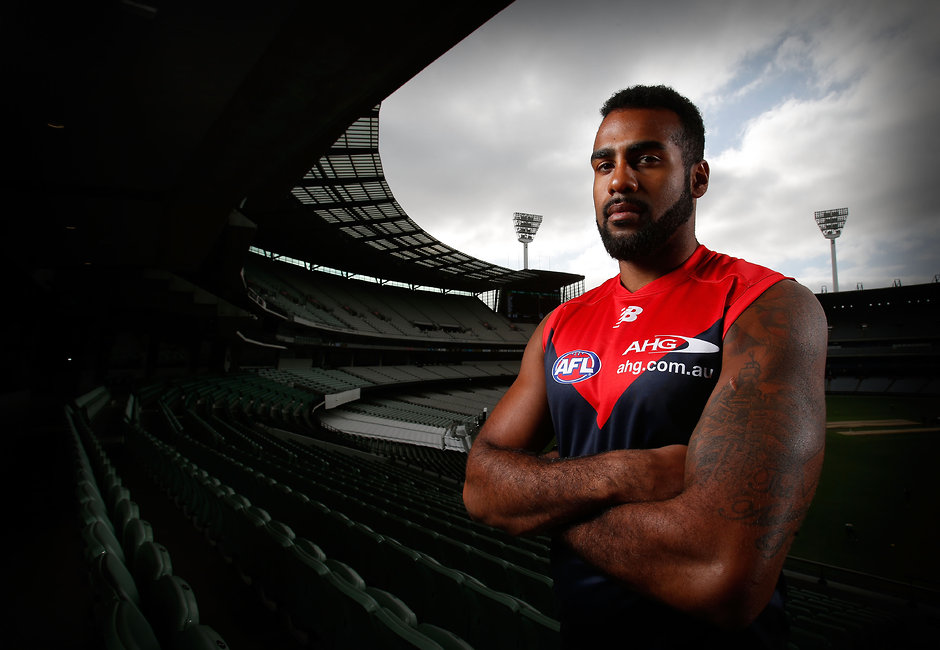 AFL 2016 Portraits - Melbourne MELBOURNE, AUSTRALIA - FEBRUARY 4: Heritier Lumumba poses for a photograph during the Melbourne Demons official team photo day at the MCG in Melbourne on February 4, 2016. (Photo by Michael Willson/AFL Media)